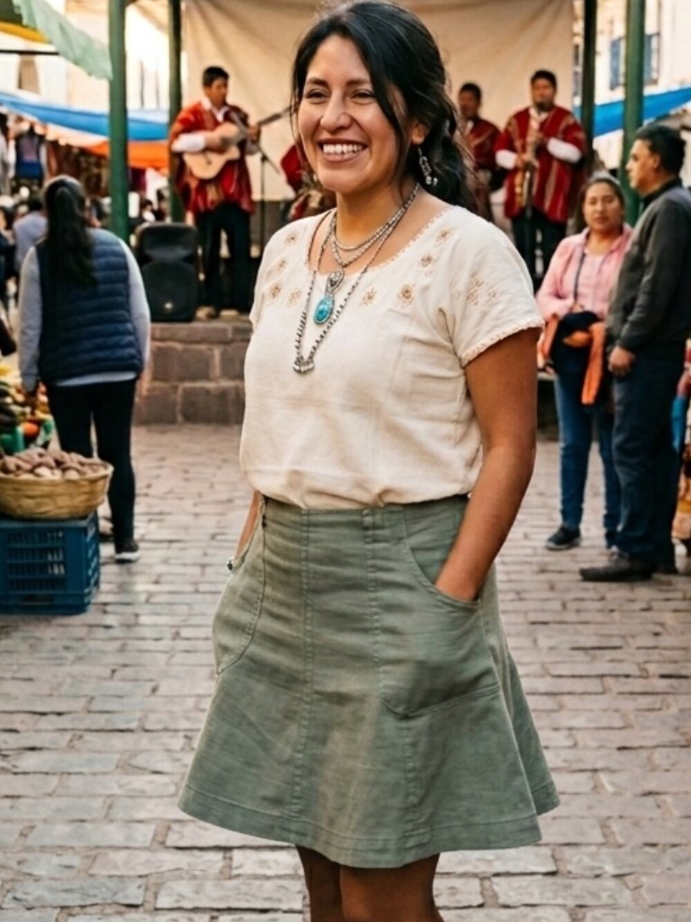 Esprit Khaki Green Linen Paneled A-Line Skirt